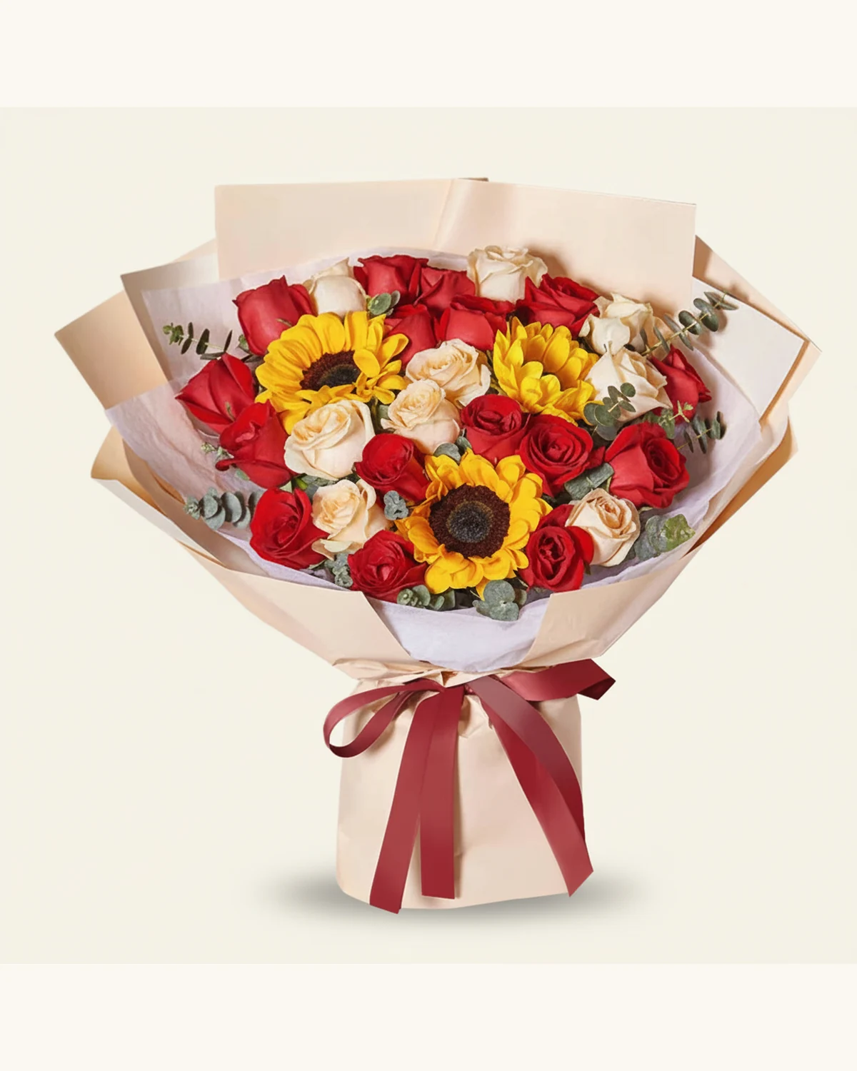 紅玫瑰、香檳玫瑰與向日葵花束 — 紅玫瑰、香檳玫瑰、向日葵、尤加利葉