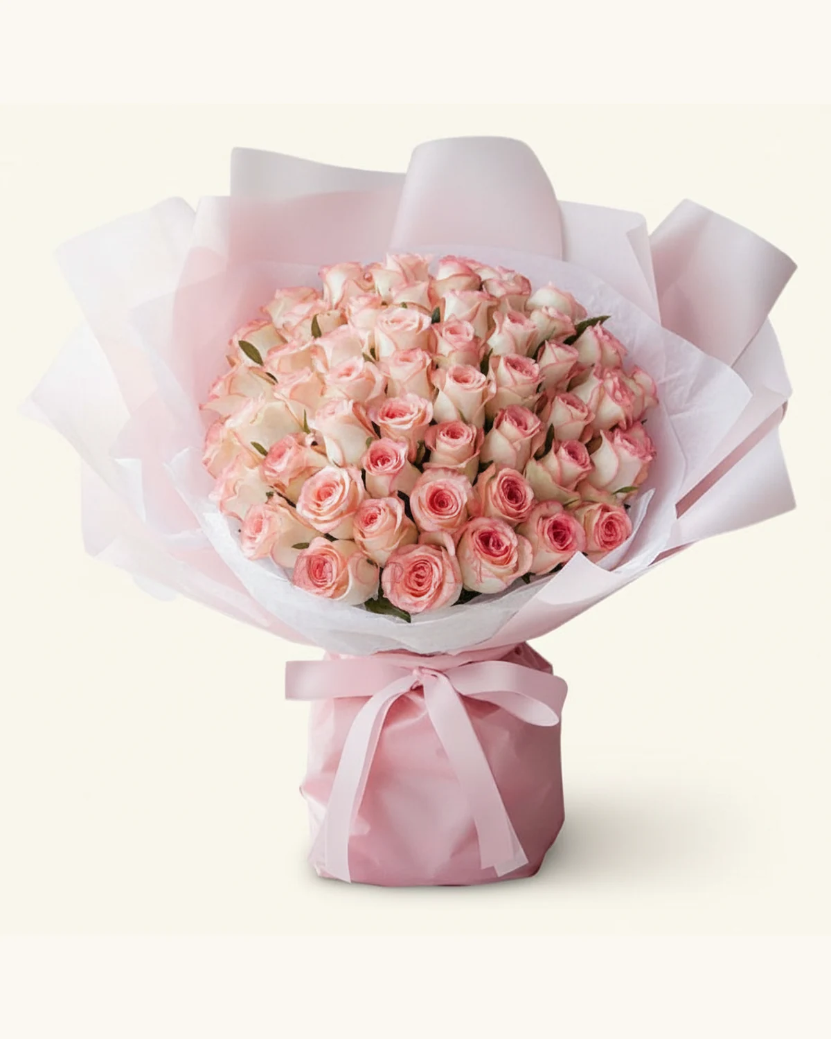 Pink Rose Bouquet in Soft Pink and White Wrap — pink roses, green foliage, wrapping paper, satin ribbon