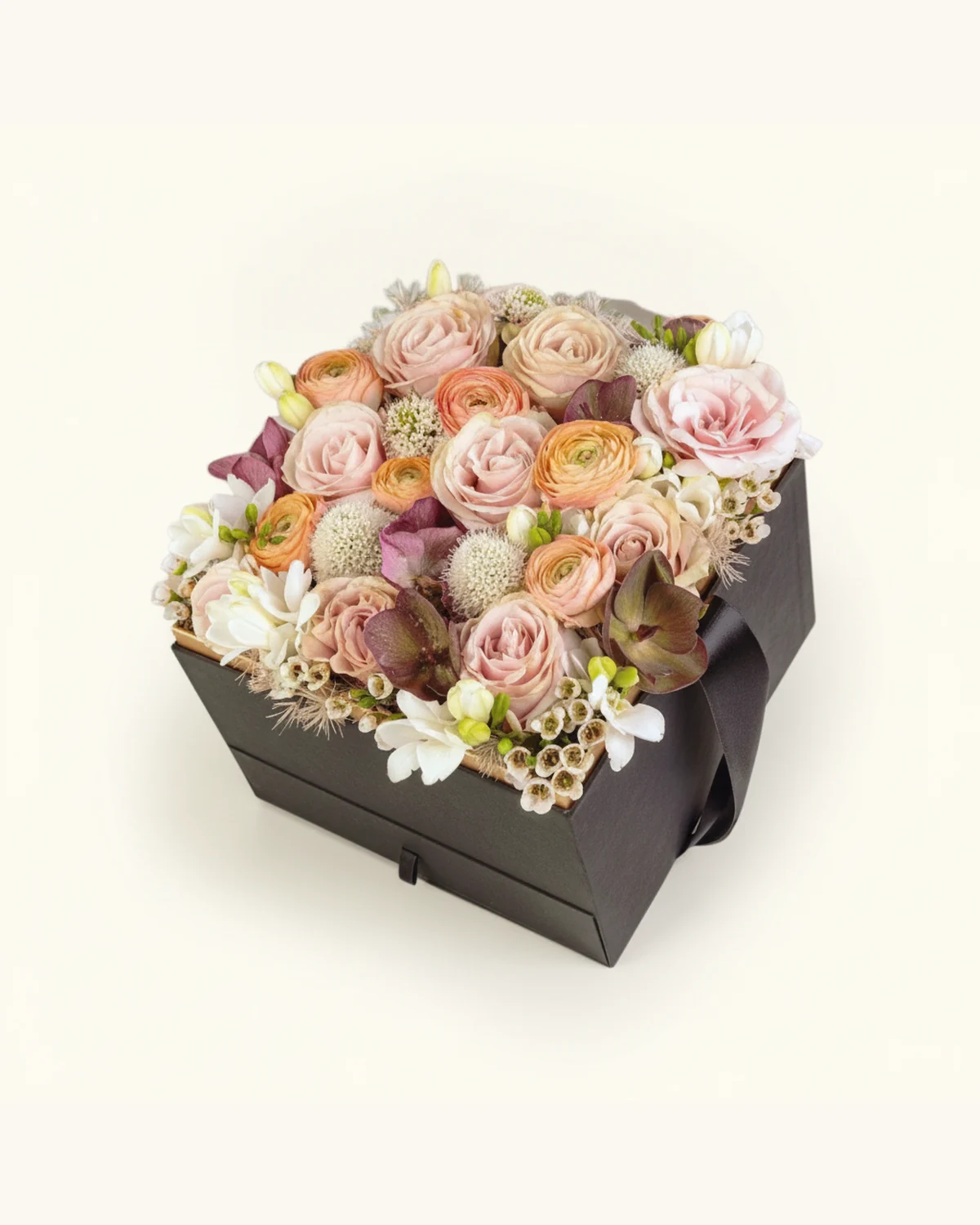 玫瑰洋牡丹繽紛花盒 — 玫瑰、洋牡丹、乒乓菊、黑色方形花盒